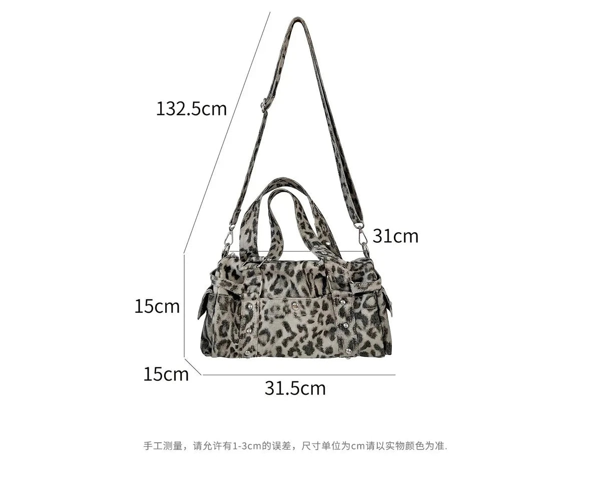 🍒Vintage leopard handbag rivet bag motorcycle barrel shaped crossbody bag boston casual female shoulder fashion totes  Jump On This Animal Its Barrels Of Fun