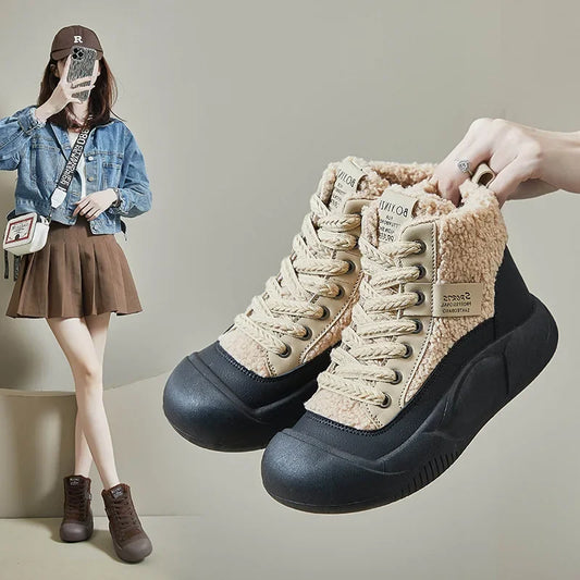 🍒Plush boots thickened sole snow boots with (Outer Fleece) comfortable wear-resistant warm thick-soled shoes for ladies trendy lace up shoes casual walking footwear for women Buy Into Bootie Beauties