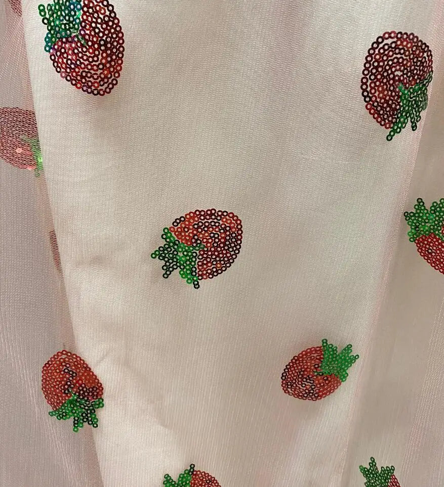 🍒Summer fashion v-neck short sleeved midi dress mesh fabric strawberry outfit fitted at waist smart casual clothing women BERRY exSTRAW-ordinary