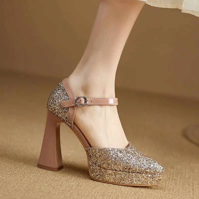 🍒Womens pointed toe platform shoes glitter heels silver banquet wedding shoes thick heels pumps ankle strap footwear Cute Form Platform