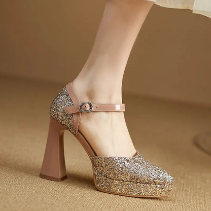 🍒Womens pointed toe platform shoes glitter heels silver banquet wedding shoes thick heels pumps ankle strap footwear Cute Form Platform