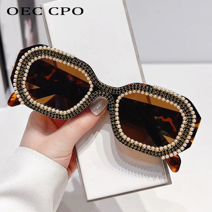 🍒Diamond square sunglasses with pearls women fashion luxury rhinestone trendy shades for women female sun shades polygon eyewear for women uv 400 protection Have Your Say In A Pearly Cool Way