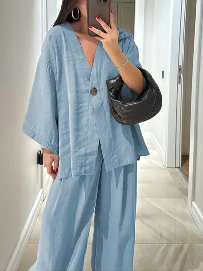 🍒Casual trouser suit for women elegant long sleeve outfit single colour wide leg pants and jacket   set spring summer fashion loose two-piece Partying Pjs