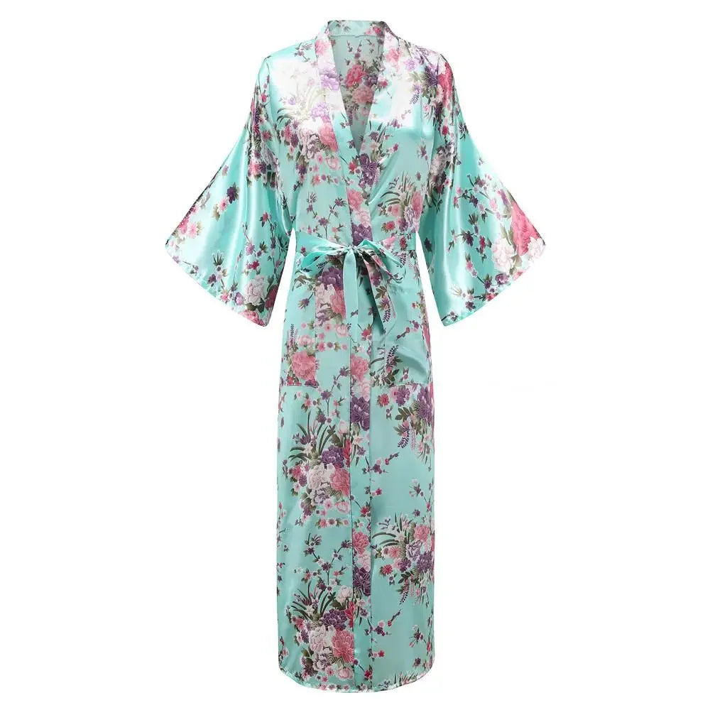🍒Satin robe women plus size  with flowers peacock print kimono lounge gowns for women bride bridesmaid wedding bathrobe silky nighrwear Sittin' Satin Style