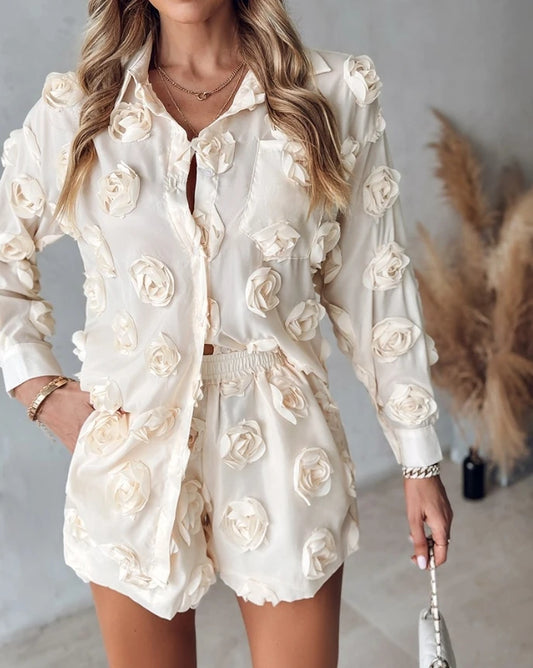 🍒Two piece sets women flower-embroidery floral fashion turn-down collar shirt buttoned and high waist shorts with pockets design smart casual clothes Pretty Cut Rose
