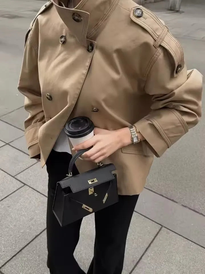 🍒Vintage double breasted trench commuter coat women loose long sleeve Jacket spring autumn elegant stand collar outerwear