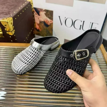 🍒Closed toe buckle sandals slide shoes womens elegant breathable  summer mesh mules rhinestone retro smart casual chic outdoor slippers