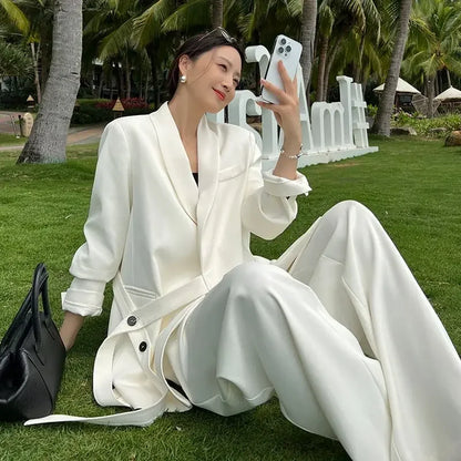 🍒Fashion high end pants suit Professional suit coat and wide leg pants white two piece set women outfits Pick Up This Big Up