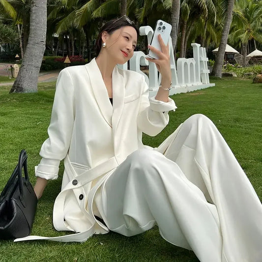 🍒Fashion high end pants suit Professional suit coat and wide leg pants white two piece set women outfits Pick Up This Big Up