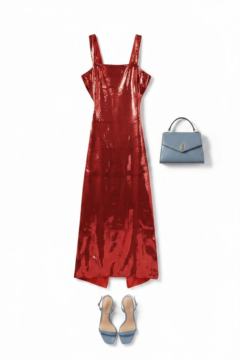 🍒Square neck maxi dress long women sleeveless backless outfit  sequin smart casual women ladies Party wear occasion clothing Show Off Shiny