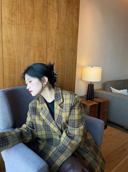 🍒Womens brown blazer vintage wool plaid Jacket autumn winter british style trendy eye catching yellow check coat long sleeve female smart casual clothing Chunky Check Charm