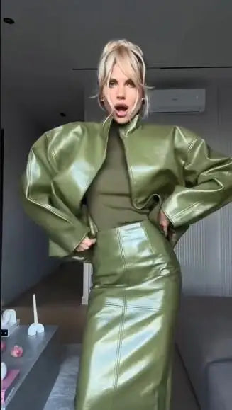 🍒Leather fashion jackets women skirt sets zipper loose coat wth stand up collar and straight midi skirt chic autumn party wear occasion wear smart casual clothing for women They Will Envy Your Leather