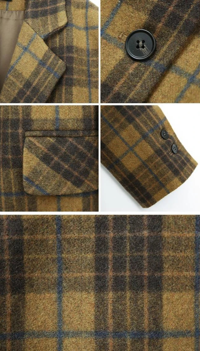 🍒Womens brown blazer vintage wool plaid Jacket autumn winter british style trendy eye catching yellow check coat long sleeve female smart casual clothing Chunky Check Charm