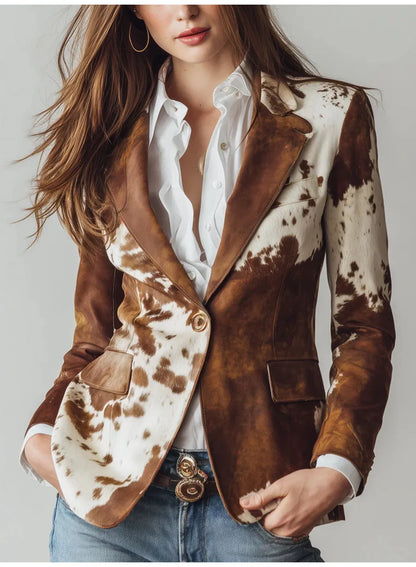 🍒Casual Jacket for women  fashion brown animal print long sleeve jacket lapel styles and stand up collar slim blazer suits smart casual Cute Cow