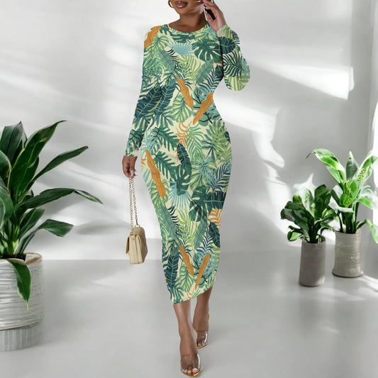 🍒Floral print dresses for women o -neck long sleeve fashion  stretchy summer clothes fitted bodycon midi smart casual You Won't Want To Leaf This Dress Alone