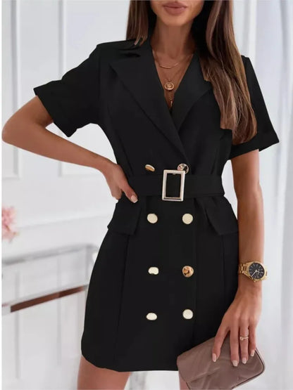 🍒 Short sleeve mini dress plain colour summer fashion casual lapel blazer dress for women double breasted party outfit with Belt Double Takes Winner