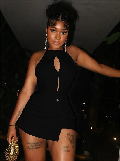 🍒Fashion two piece set night club clothes trend halter hollow bow front tops for women backless top + asymetric mini skirt hot girl party wear club wear occasion clothing