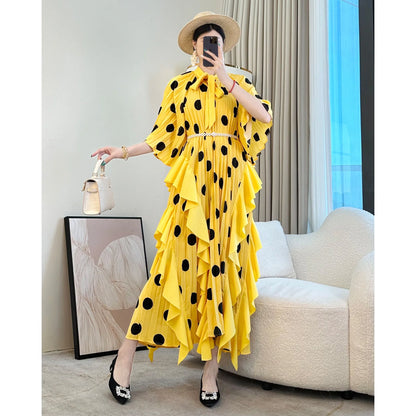 🍒 Dress with polka dots simple pleats and ruffled edges summer outfit looks long loose fit smart primted casual wear loose Fit clothing and Slimming Effect  party occasion clothing Lucky You Spotted this Spot