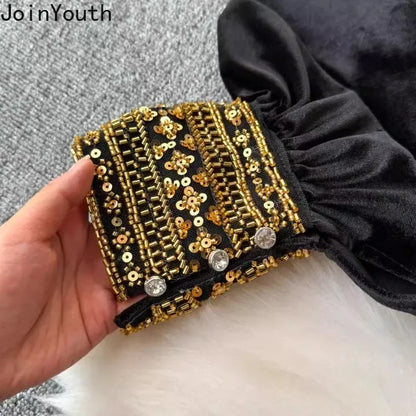 🍒Vintage velvet blouse women's velour shirt sequin  clothing elasticated waist top Loose party occasion wear clothing Voted Velvet Varying Never