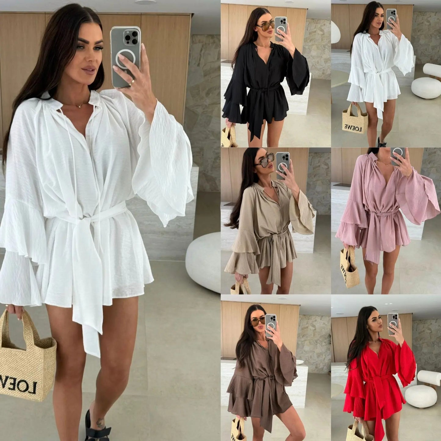 🍒Elegant fold dress women brown deep v-neck long sleeve mini dress female spring summer loose fashion clothes party occasion wear Blouse Up In  a Dress