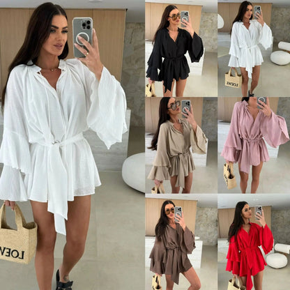 🍒Elegant fold dress women brown deep v-neck long sleeve mini dress female spring summer loose fashion clothes party occasion wear Blouse Up In  a Dress