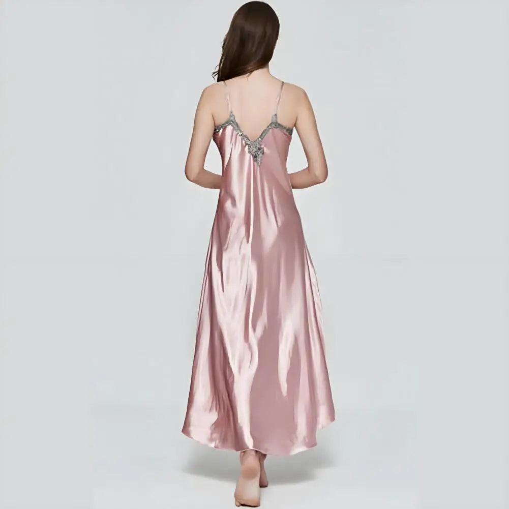 🍒Satin sleepwear for women house sleepwear dress gown wth spaghetti strap loose lingerie lace trim nightwear elegant maxi sleepwear chemise nightdress with v neck front and back Luxurate Lovely Lingerie Luxurate