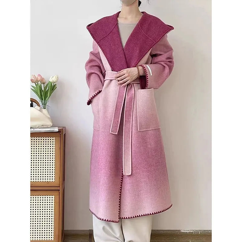 🍒Pink wool mix coat with hood and belt stylish winter overcoat colourful modern fashion coat smart casual outerwear women Look Candy In Floss Wool