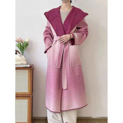 🍒Pink wool mix coat with hood and belt stylish winter overcoat colourful modern fashion coat smart casual outerwear women Look Candy In Floss Wool