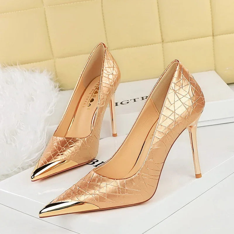 🍒Metalic high heel pumps for women elegant party stillettoe thin heels shoes for occasions party wear footwear GOLDen TIP PUMP Up Your Fashion Volume