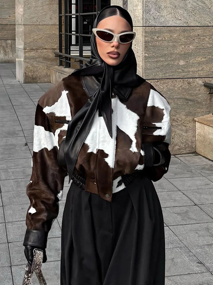 🍒Women's cow print Jacket with lapel collar short zipper coat for smart casual female outerwear  Warm    Milk (it) A Cow