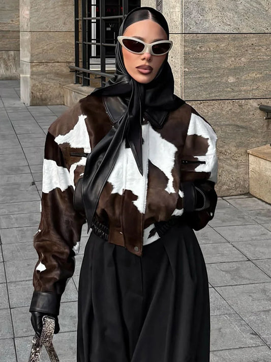 🍒Women's cow print Jacket with lapel collar short zipper coat for smart casual female outerwear  Warm    Milk (it) A Cow