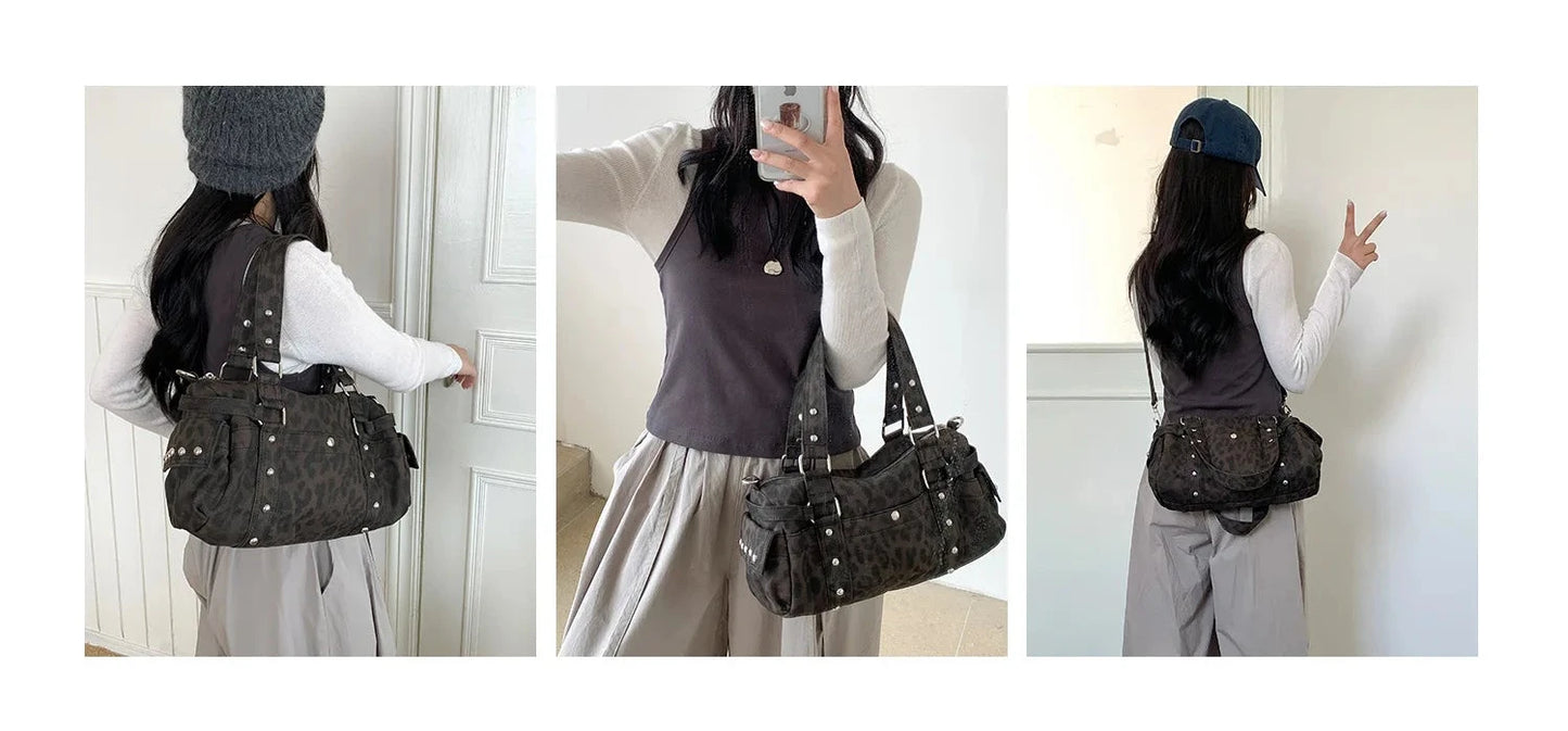 🍒Vintage leopard handbag rivet bag motorcycle barrel shaped crossbody bag boston casual female shoulder fashion totes  Jump On This Animal Its Barrels Of Fun