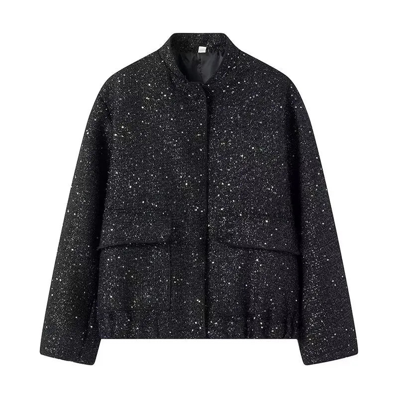🍒Sequin bomber Jacket women Y2k gold Colour stand collar short coat long sleeve  spring fashion high Streetwear occasion wear smart casual clothing for women  Spring Into Shimmer