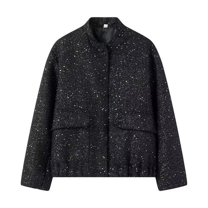 🍒Sequin bomber Jacket women Y2k gold Colour stand collar short coat long sleeve  spring fashion high Streetwear occasion wear smart casual clothing for women  Spring Into Shimmer