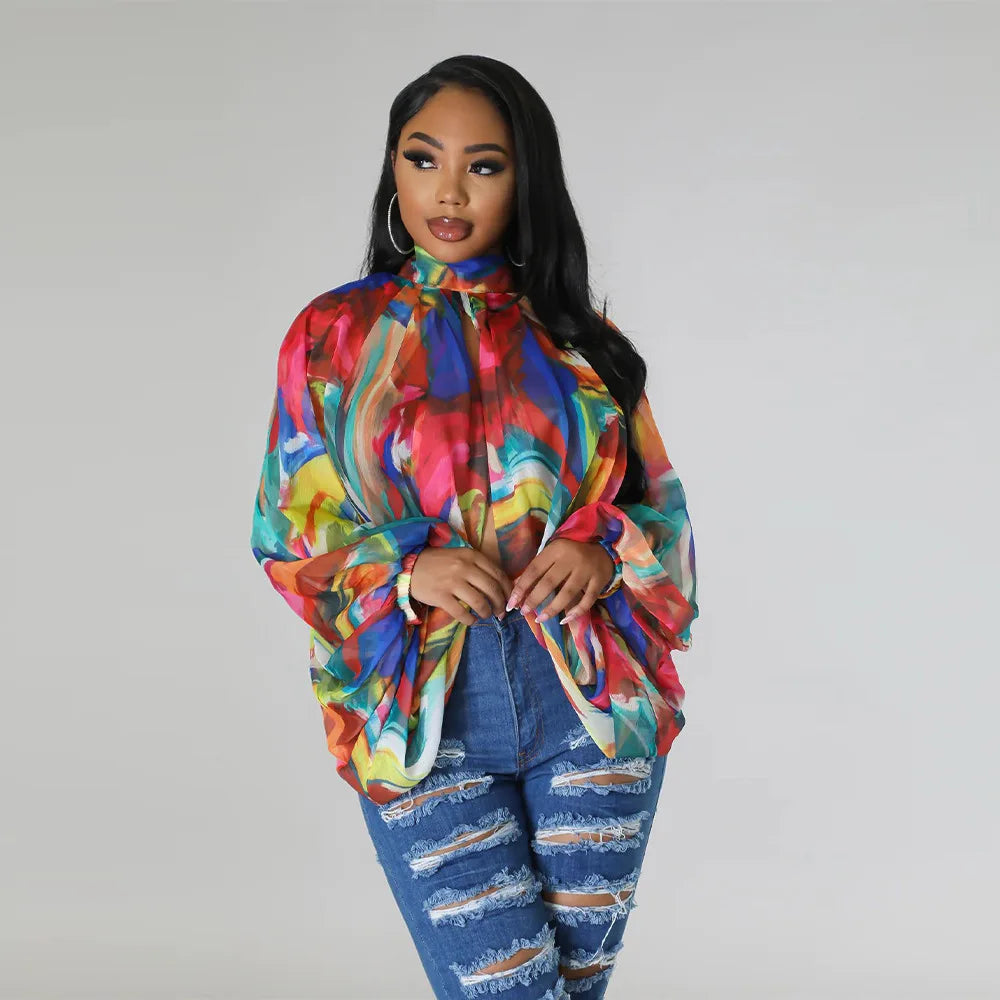 🍒Colourful chiffon blouses plus size printed front split blouse fashion batwing loose fitting see though top with puff sleeves party night club blouses shirt for women OPEN Up Your Armoire to A Cool BLOUSE