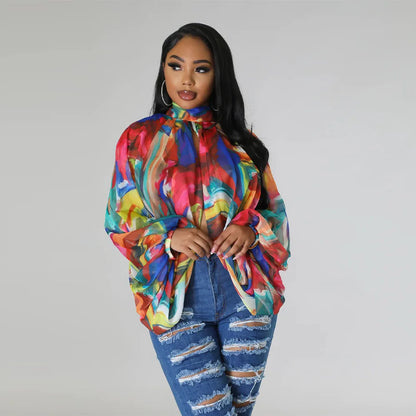 🍒Colourful chiffon blouses plus size printed front split blouse fashion batwing loose fitting see though top with puff sleeves party night club blouses shirt for women OPEN Up Your Armoire to A Cool BLOUSE