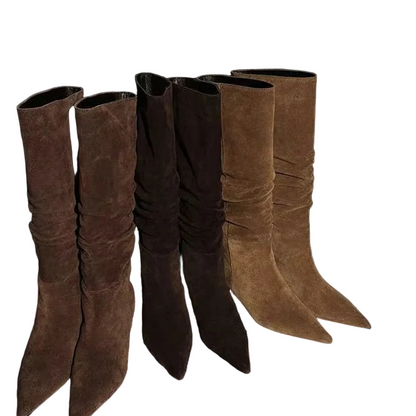 🍒Autumn winter womens footwear cow suede leather heeled boots pointed toe high heel slip-on knee high western footwear No Per-SUEDEing Neccessary