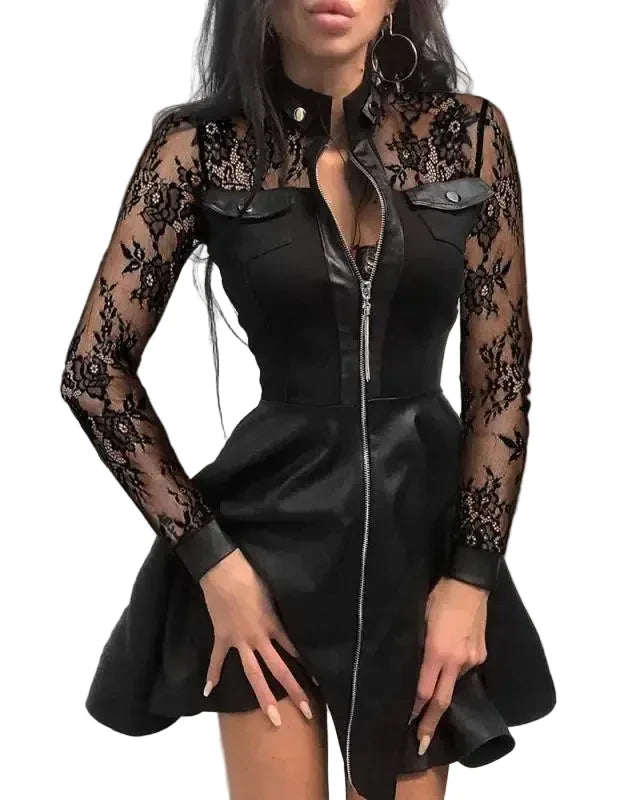 🍒Pu leather dress for women  lace mesh sleeve mixed media fashion party dress mini elegant stand neck collar a-line outfit Pretty Plaid Pu