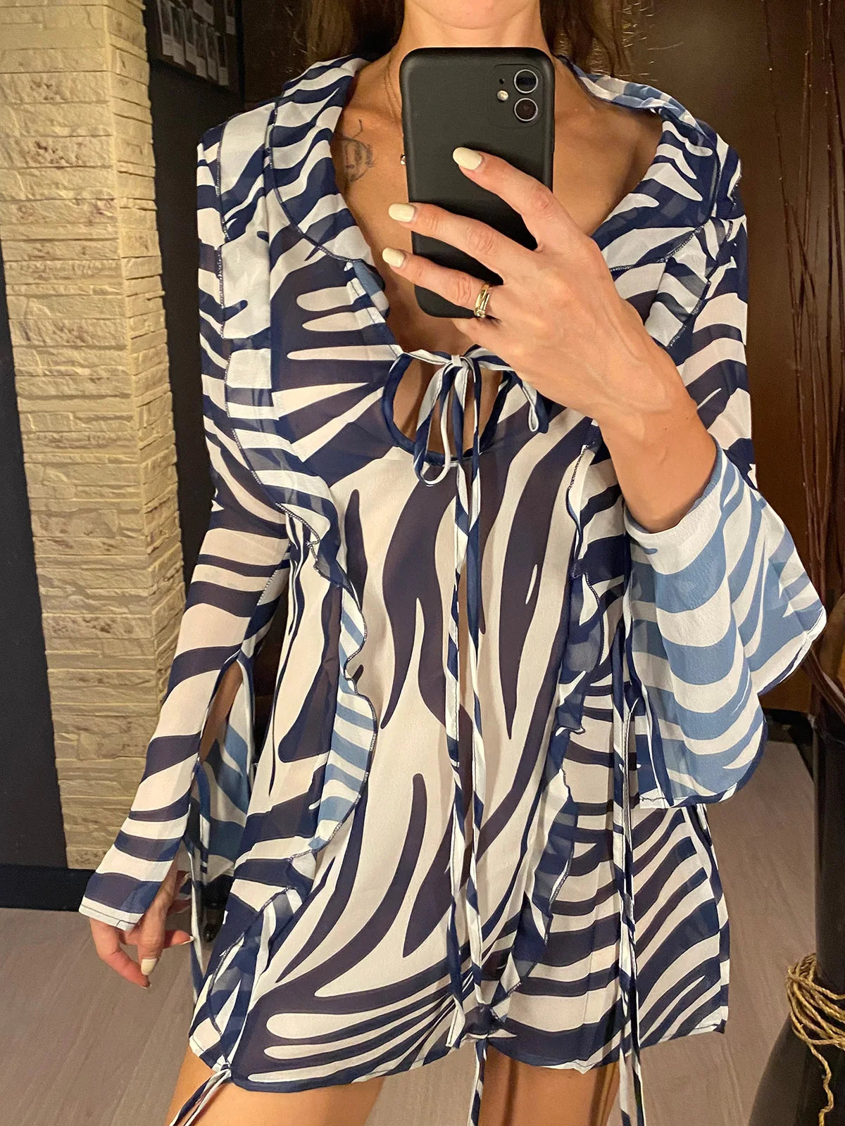 🍒Long sleeve mini sundress striped ruffled dress v-neck for women beach dress party club wear Zip Up This Zeberdy