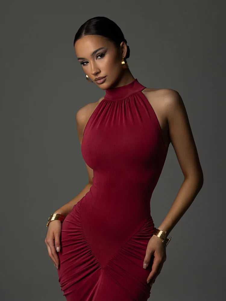 🍒Ahagaga Party Women's Maxi Dresses Sexy Solid Turtleneck Halter Sheath Folds Fashion Split Slim Fit Bodyson Sleeveless Vestidos
