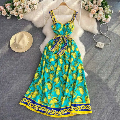 🍒Fashion midi dress shirt summer women bohemian short sleeve floral outfit lemon print sundress belted elegant long dress smart casual clothes