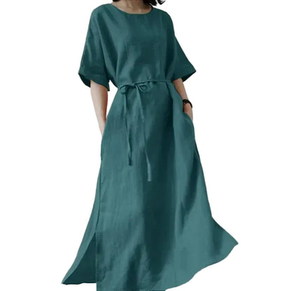 🍒Long dresses a-line fashion split hem wide short sleeve outfit casual outfit for women with waistband batwing sleeve clothes Simply Style
