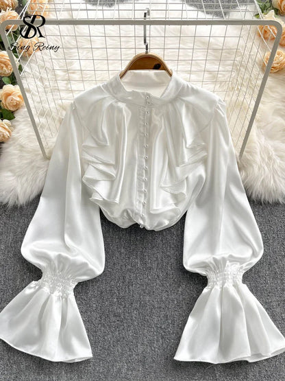 🍒High quality satin blouse loose puff sleeve shirt with flared sleeves ruffle shirt for party wear with beading top women’s feminine office wear Girly Pearl