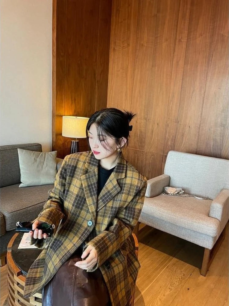 🍒Womens brown blazer vintage wool plaid Jacket autumn winter british style trendy eye catching yellow check coat long sleeve female smart casual clothing Chunky Check Charm