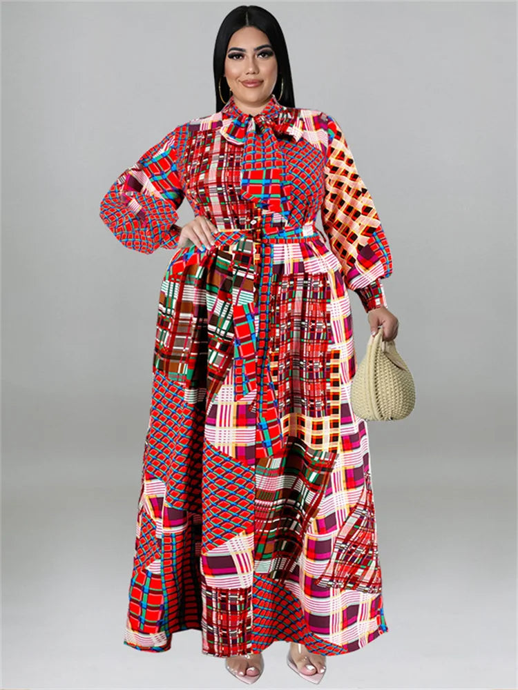 🍒Plus size vintage long sleeve dress print womens clothing fall dresses with belt loose maxi outfit long fashion smart casual women Mix Up Fashion