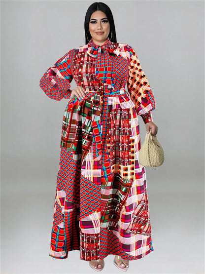 🍒Plus size vintage long sleeve dress print womens clothing fall dresses with belt loose maxi outfit long fashion smart casual women Mix Up Fashion