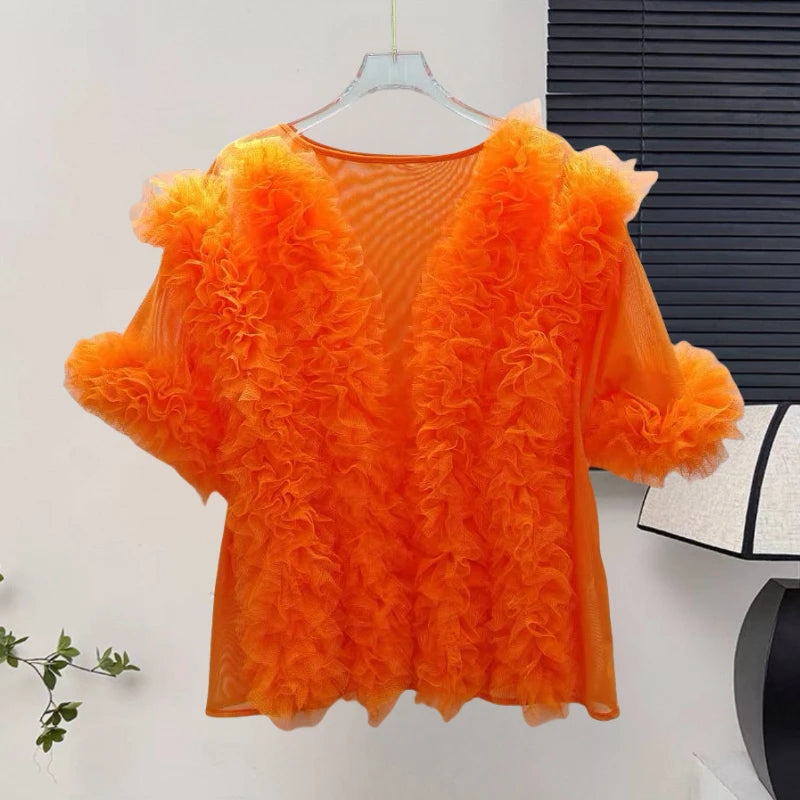 🍒 Mesh ruffle blouse solid color spring summer shirts women elegant fancy occasion tops sweet party fashion vintage clothing v- neck Fluff up In A Ruffy Fluffy