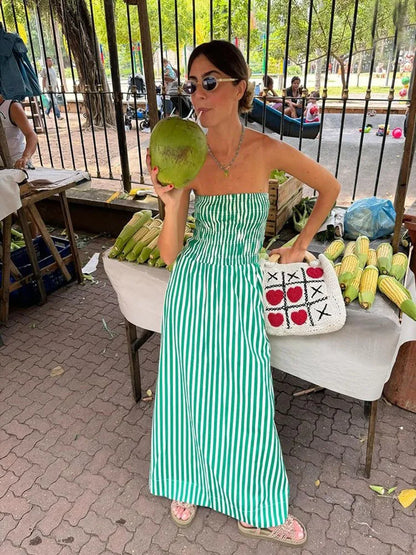 🍒Striped tube dress a line fashion maxi outfits for women trendy holiday wear beach wear striped summer clothes