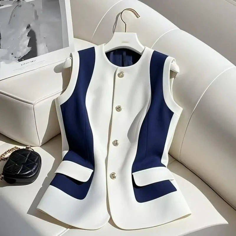 🍒Vest Jacket women o-neck sleeveless single breasted waistcoat jacket autumn slim spring summer office wear fashion occasion wear Trust A Contrast