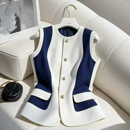 🍒Vest Jacket women o-neck sleeveless single breasted waistcoat jacket autumn slim spring summer office wear fashion occasion wear Trust A Contrast